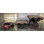 ORIENTAL CARVED SCROLLING LOTUS PETAL AND BRANCH STEM TWO TIER STAND AND HARDWOOD STAND 20CM H