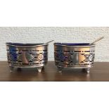 SILVER PAIR OF SALTS WITH BLUE GLASS LINERS 1903