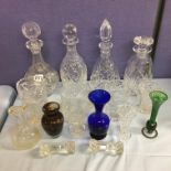 FOUR CUT GLASS ETCHED GLOBE AND SHAFT MALLET DECANTERS, SPECIMEN TAPERED VASES,