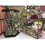 TWO GLAZED DISPLAY CASES OF DOLLS HOUSE FURNISHINGS AND ACCESSORIES INCLUDING WIND-UP GRAMOPHONE,