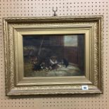 OIL ON CANVAS BY F. FRENCH RECUMBENT DOG AND LITTER OF PUPPIES IN A STABLE, VERSO NAMED F.