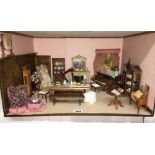 SCALE MODEL INTERIOR ROOM SETTING, INCLUDING FURNISHINGS, BABY GRAND PIANO, HARP, LONG CASE CLOCK,