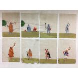 SERIES OF EIGHT MID 19TH CENTURY INDIAN OPAQUE WATERCOLOURS ON MICA DEPICTING SAHDU/HOLYMEN 7X10CM