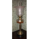 HINKS PATENT OIL LAMP WITH ETCHED GLASS SHADE AND CLEAR RESERVOIR ON REEDED COLUMN -WITH STEPPED