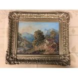 19TH CENTURY CONTINENTAL SCHOOL WATERCOLOUR ON CARD OF A FIGURE IN A MOUNTAIN LANDSCAPE IN ORNATE