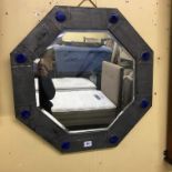 ARTS & CRAFTS PEWTER OCTAGONAL FRAMED MIRROR WITH APPLIED BLUE ENAMEL BOSSES 56CM DIA
