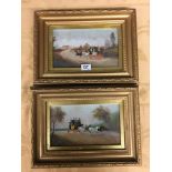 PAIR OF 19TH CENTURY ENGLISH SCHOOL PAINTINGS ON BOARD HEIGHTENED WITH GOUCHE COACHING SCENES F/G