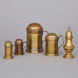 Four English Brass Dredgers and a Castor, mid 18th century, castor height 5.8 in — 14.7 cm (5 Pieces