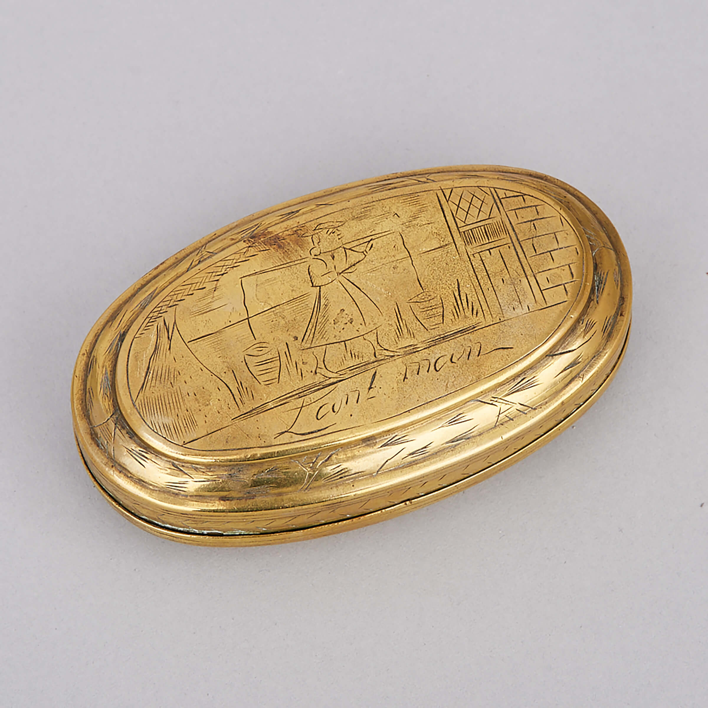 Dutch Brass Oval Tobacco Box, 18th century, diameter 4.5 in — 11.4 cm