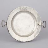 English Baronial Pewter Hot Water Plate, Hall and Scott, Exeter, mid 18th century, width 10.5 in — 2