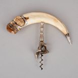 Victorian Silver Mounted Boar Tusk Corkscrew with Inset Carved Bone Articulated Head, c.1900, width