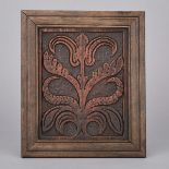 English Relief Caved Oak Tulip Panel, early 17th century, 13.5 x 11.5 in — 34.3 x 29.2 cm