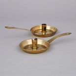 Two English Brass Pan Type Chamber Sticks, 18th century, longest length 11.75 in — 29.8 cm (2 Pieces