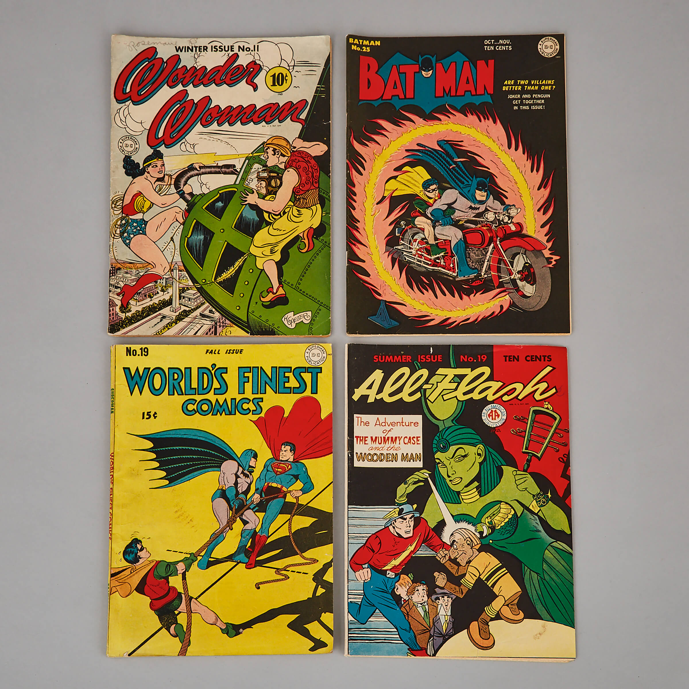 Four Superman DC Comic Books, 1943-1944, 10.25 x 7.25 in — 26 x 18.4 cm