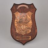 H.M.S. Victory Salvage Ware Copper Mounted Oak Shield Plaque, 1907, 13.4 x 8.5 in — 34 x 21.5 cm