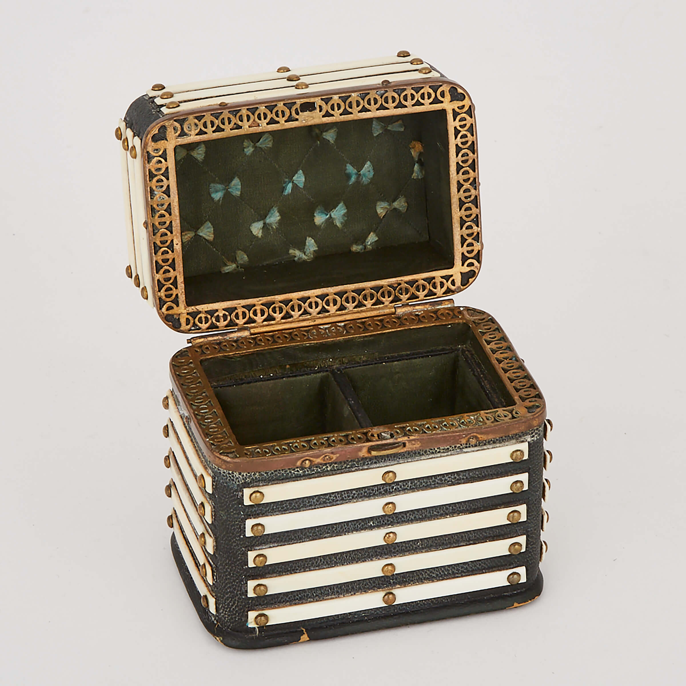 Anglo-Indian Bone Mounted Leather Ink Pot Box, mid 19th century, 4 x 4 x 2.6 in — 10.2 x 10.2 x 6.7 - Image 2 of 2