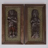 Pair of English Carved Oak Term Figures, 16th century, figure height 14 in — 35.6 cm; 20.25 x 11 in