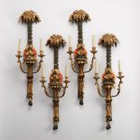 Set of Four Orientalist Parcel Gilt and Polychromed Wood Two Light Wall Sconces, mid 20th century