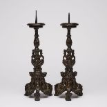 Pair of North Italian Renaissance Bronze Pricket Candlesticks with Pesaro Family Coat of Arms
