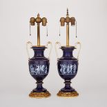 Pair of Meissen Pâte-sur-Pâte Blue Ground Two-Handled Vase-Form Table Lamps, late 19th century