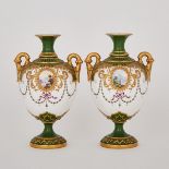 Pair of Royal Worcester ‘Jewelled’ Green and Gilt Ground Two-Handled Vases, c.1900