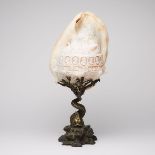 Large Italian Cameo Carved Conch Shell on Bronze Dolphin Form Stand, 19th century