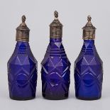 Three Silvered Metal Mounted Cut Blue Glass Small Condiment Bottles, 19th century, height 3.7 in — 9