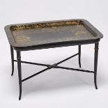 Victorian Papier Maché Tea Tray on Stand, mid 19th century, 19.25 x 30.25 x 22.25 in — 48.9 x 76.8 x