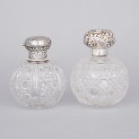 Two English Silver Mounted Cut Glass Toilet Water Bottles, William Comyns & Sons and William Neale &