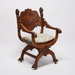 Victorian Carved Oak Savonarola Chair, c.1900, 41.5 x 24.25 x 25 in — 105.4 x 61.6 x 63.5 cm