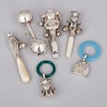 Six Mainly North American Silver Child’s Rattles and Whistles, late 19th/20th century, largest lengt