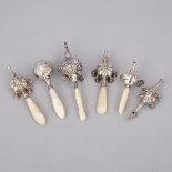 Six Continental Silver Child’s Rattles and Whistles, late 19th/20th century, largest length 6.5 in —