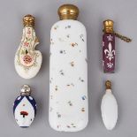 Five Porcelain, Glass, Silver and Metal Mounted Perfume Phials and Toilet Water Bottles, late 19th c