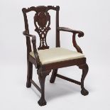 Georgian Style Carved Mahogany Open Armchair, early 20th century, 37.75 x 26 x 23 in — 95.9 x 66 x 5