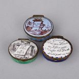 Three Bilston Enamel Patch Boxes, c.1790, 1 x 1.56 x 1.4 in — 2.4 x 4 x 3.6 cm (3 Pieces)