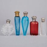 Five Silver and Metal Mounted Cut Glass Perfume Bottles and Phails, c.1900, largest length 3.9 in —