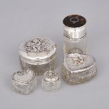 Five Edwardian and Later English Silver and Cut Glass Dressing Table Jars, c.1902-21, largest diamet