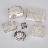 Six Continental Silver Boxes, 20th century, cigarette case length 3.8 in — 9.6 cm (6 Pieces)