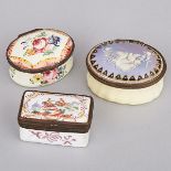 Two Battersea Enamel Snuff Boxes and a Patch Box, 18th/19th century, 1.1 x 2.1 x 1.7 in — 2.8 x 5.3