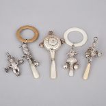 Five English Silver Child’s Rattles and Whistles,Crisford & Norris, Birmingham, 20th century, larges