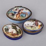 Two Bilston Enamel Snuff Boxes and a Patch Box, late 18th/early 19th century, larger .9 x 2.2 x 1.5