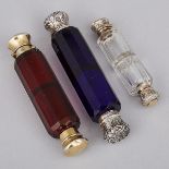 Three Silver and Metal Mounted Cut Glass Double Perfume Phails, late 19th century, largest length 5.