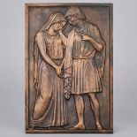 French School Bronze Relief Monument Plaque of a Young Greek Mythological Couple, early 20th century