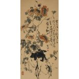 Chen Wen Hsi (1906-1992), Sunflowers, 陳文希 (1906-1992) 太陽花 設色紙本 鏡框, image 36.6 x 17.7 in — 93 x 45 cm