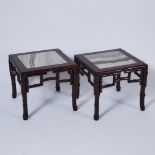 A Pair of Marble-Inlaid ‘Imitation Bamboo’ Tables, 19th Century, 十九世紀 嵌大理石仿竹木凳一對, 17.5 x 19.7 x 19.7