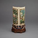 A Rare Polychrome Ivory ‘Gardens’ Panel, Circa 1900, 約1900年 罕見花園人物加彩牙雕插屏帶座, height 8.1 in — 20.5 cm