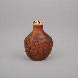 A Carved Rootwood ‘Eight Horses’ Snuff Bottle, 19th Century, 十九世紀 木雕八駿圖鼻煙壺, height 3.1 in — 7.8 cm