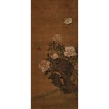 Attributed to Yi Yuanji (Nothern Song) Insects and Flowers, 易元吉(北宋)款 牡丹蝴蝶圖 設色絹本 立軸, image 21.7 x 9.4