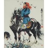 Attributed to Huang Zhou (1925-1997), Donkey Rider, 黃冑款(1925-1997) 騎驢像 設色紙本 鏡框, image 31.9 x 26.8 in