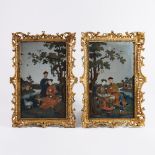 A Pair of Chinese Export Reverse Painted Mirrors, 18th Century, 十八世紀 外銷人物風景玻璃畫一套兩件, overall 32 x 22.